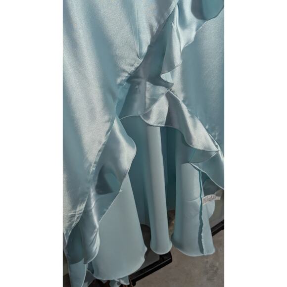 Mint Satin Ruffle Hi-Low Slip Dress | Cowl Neck Prom Nightgown | Size Large - Picture 5 of 9